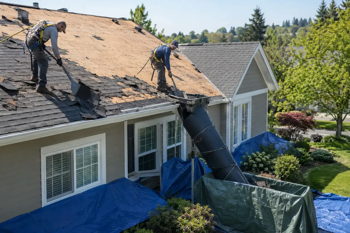 Old shingles being removed during a roof replacement